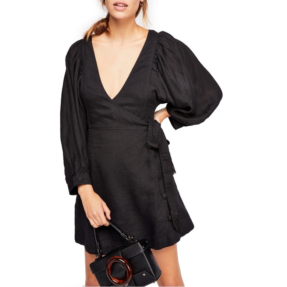 Free People Black 100% Linen Puff Sleeve Wrap Mini Dress Tassel Tie SP
